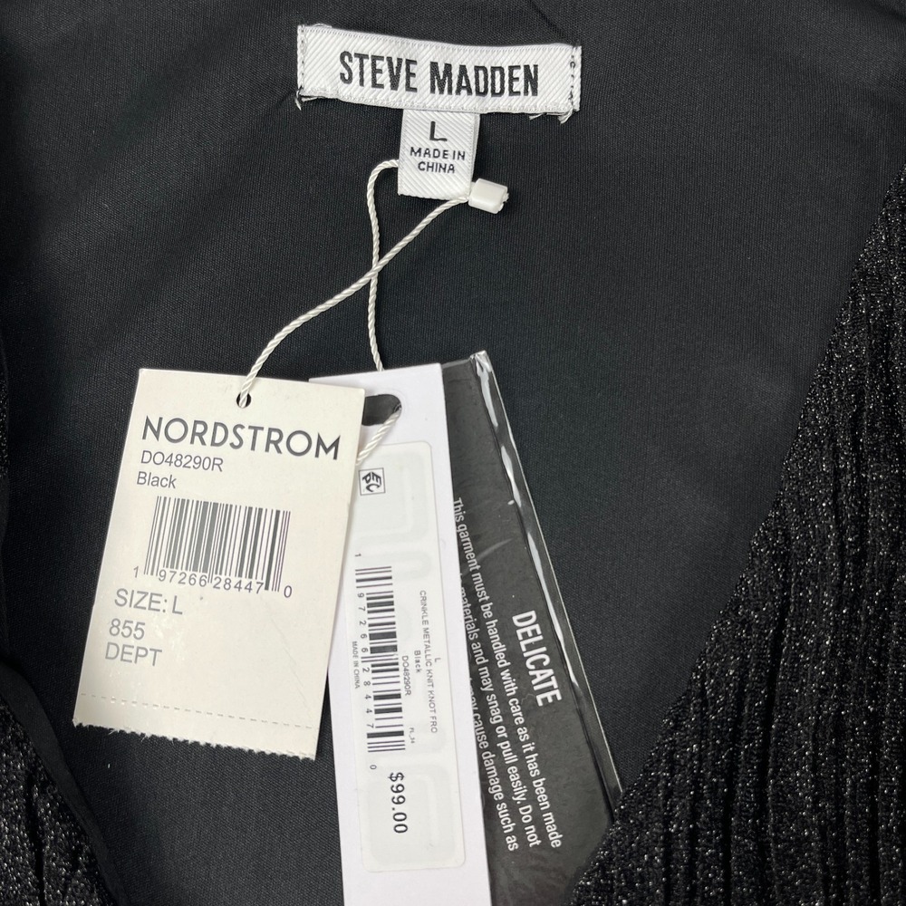Steve Madden Metallic Crinkle Dress Large Black Shimmer Knot Front Long Sleeve - Picture 13 of 14